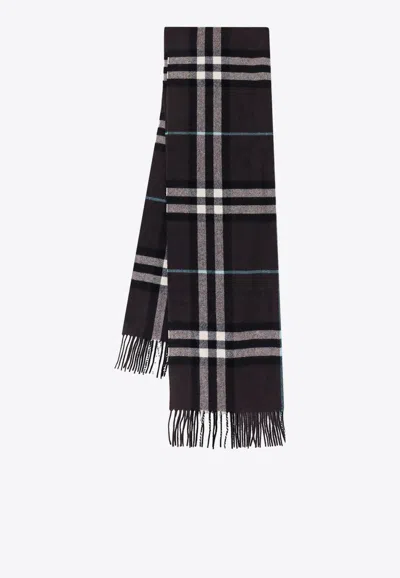 Burberry Checked Fringed Cashmere Scarf In Brown