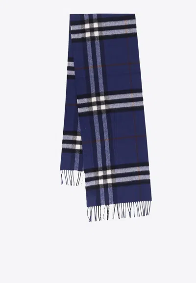 Burberry Checked Fringed Scarf In Blue