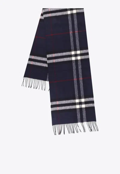 Burberry Checked Fringed Scarf In Blue