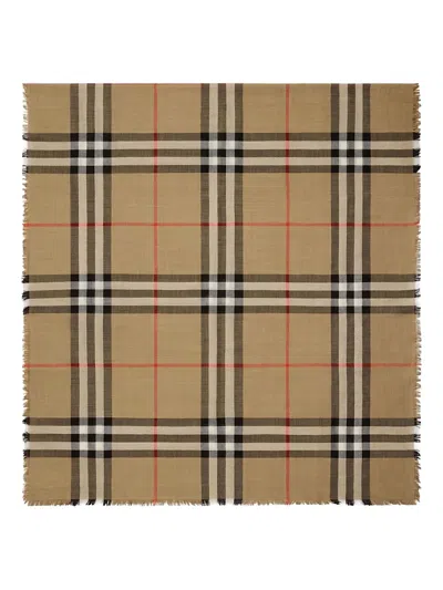 Burberry Checked Fringed Scarf In Neutral