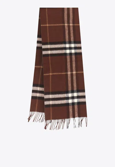 Burberry Checked Fringed Scarf In Brown
