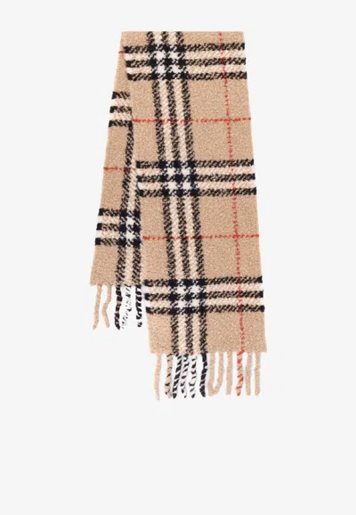 Burberry Checked Fringed Scarf In Brown