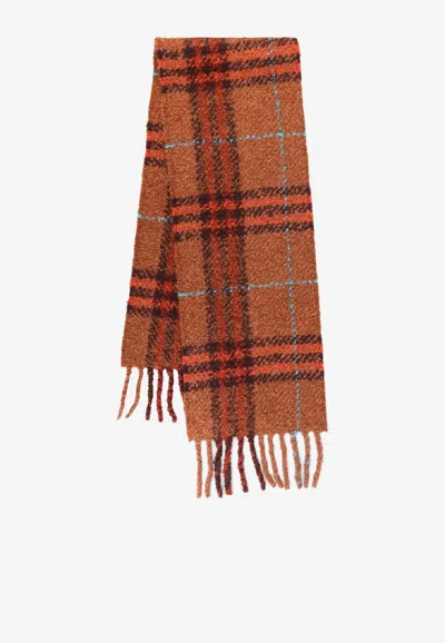 Burberry Checked Fringed Scarf In Orange