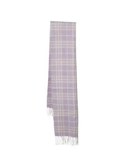 Pre-owned Burberry Checked Fringed Scarf In Purple