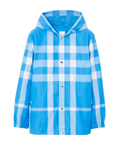 Burberry Checked Hooded Drawstring Jacket In Vivid Blue