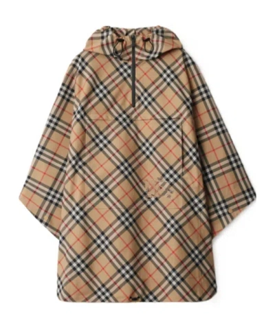 Burberry Checked Hooded Half-zipped Cape In Brown