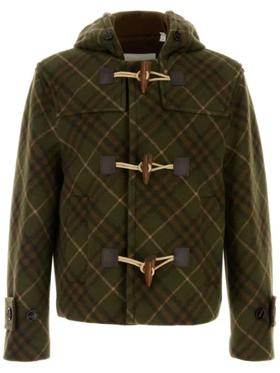 Burberry Dark Green Wool Hooded Check Jacket In Multi