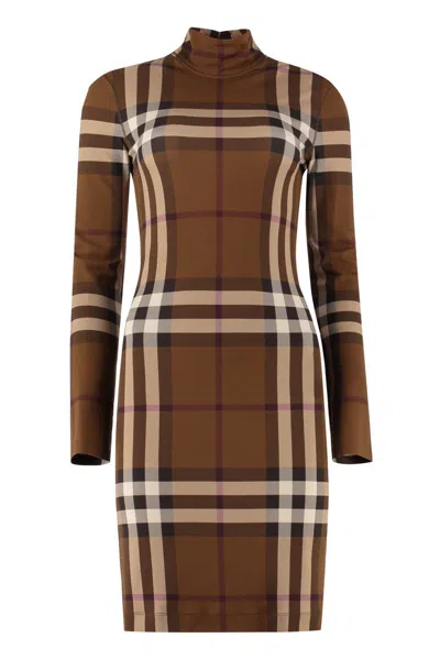 Burberry Women's Checked Jersey Mini Dress In Brown