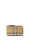 Burberry Mini Leather Wallet With Iconic Check Pattern And Zip Closure In Neutrals