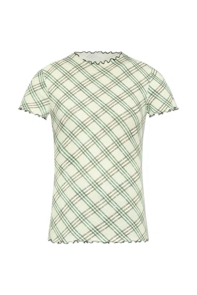 Burberry Womens Check-print Frilled Stretch-cotton T-shirt Breeze Ip Check In Green