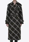 Burberry Green Oversized Double-breasted Trench Coat With Check Motif In Twill Woman In Black