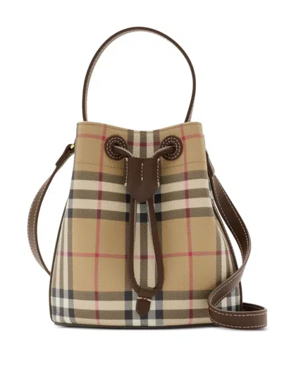Burberry Mini Check Bucket Bag With Drawstring In Beige
