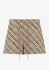 Burberry Women Beige Shorts With Elastic Drawstring Waist And All-over Check Motif In Cotton Woman In Neutral