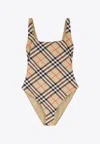 Burberry Scoop Neckline Sleeveless Checkered Beach Bodysuit In Brown