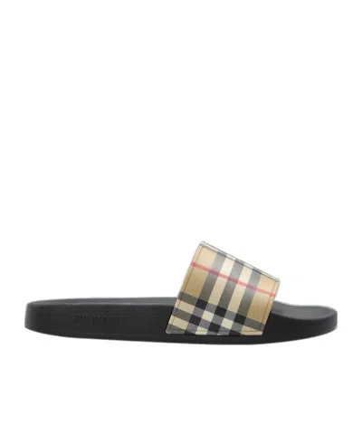 Burberry Brown Slides Sandals With Vintage Check Motif In Polyurethane In Multi