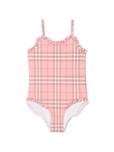 Burberry Kids Ruffle Trim Checked Swimsuit In Multi