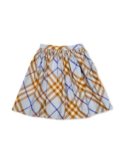 Burberry Kids' Checked Pleated Silk Skirt In Blue