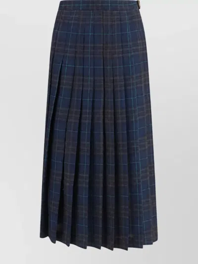 Burberry Checked Pleated Wool-blend Midi Skirt In Blue