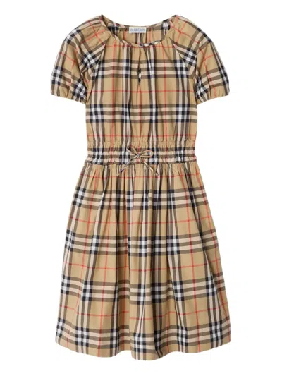 BURBERRY CHECKED PUFF-SLEEVES CASUAL DRESS