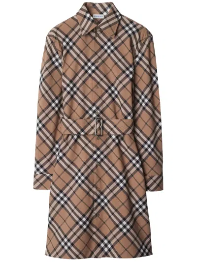 Burberry Checked B Buckle Belt Shirt Dress In Brown