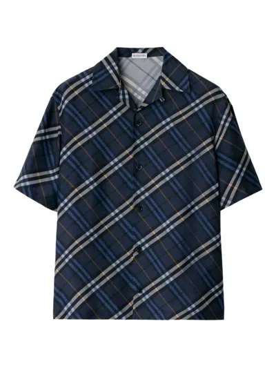 Burberry Convertible-collar Checked Silk Shirt In Blue