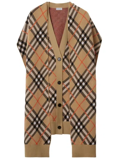Burberry Checked Sleeveless Cardigan And Scarf In Nude