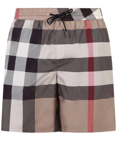 Burberry Checked Swim Shorts In Beige