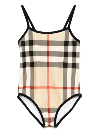 Burberry Kids' Checked Swimsuit In Brown