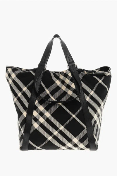 Burberry Checked Tote Bag With Leather Trims In Black