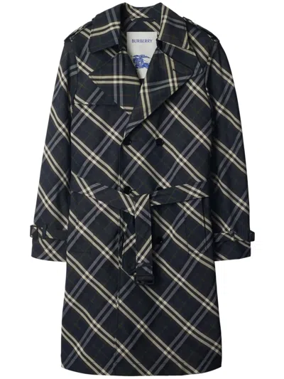 Burberry Checked Trench Coat In Blue