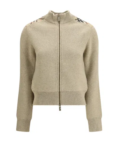 Burberry Checked Trim Zip-up Cardigan In Neutral