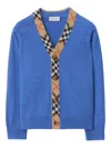 Burberry Check Trim Wool Cardigan In Blue