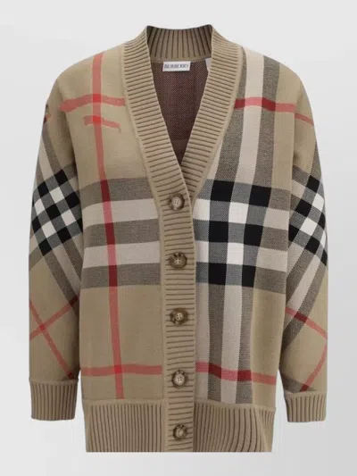 Burberry Checked V-neck Long-sleeve Cardigan In Brown