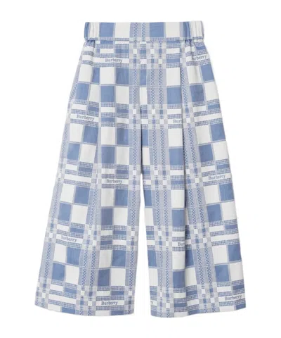 Burberry Checked Wide-leg Cotton Trousers In Blue