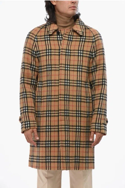 Burberry Checked Wool Blend Coat With Hidden Buttoning In Brown