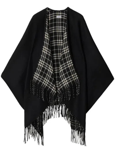 Burberry Fringed Reversible Wool Cape In Black/calico
