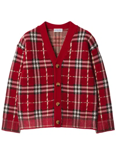 Burberry Kids' Checked Wool Cardigan In Red