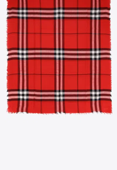 Burberry Checked Wool Frayed Scarf In Red
