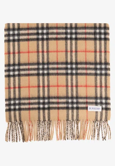 Burberry Checked Wool Fringed Scarf In Beige