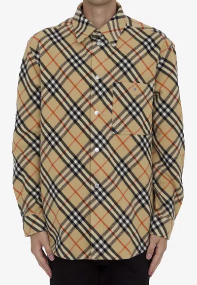 Burberry Checked Wool Shirt In Brown