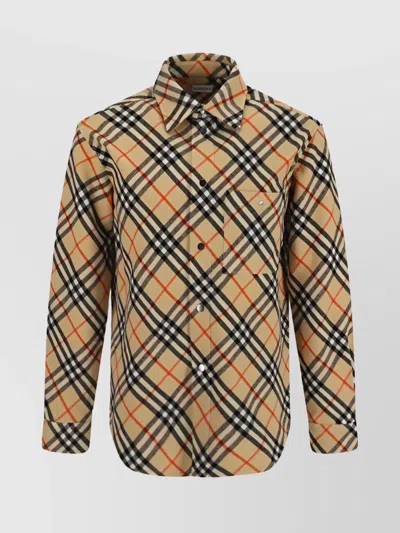Burberry Checked Wool Shirt With Front Pocket In Brown