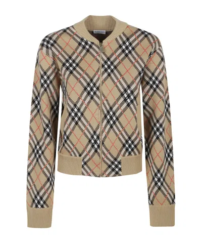Burberry Checked Zip-up Cardigan In Neutral