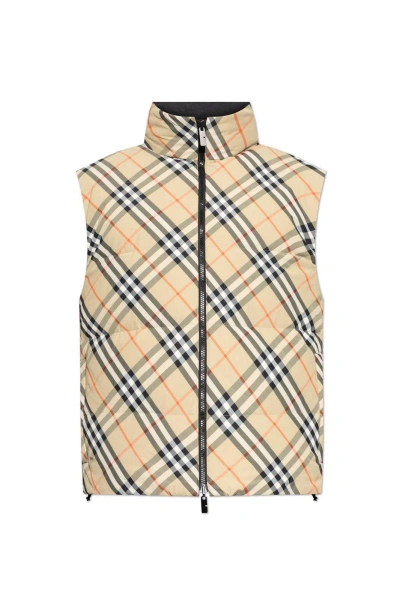 Burberry Beige Sleeveless Reversible Down Jacket With High Neck And All-over Check Motif In Tech Fabric Man In Neutral
