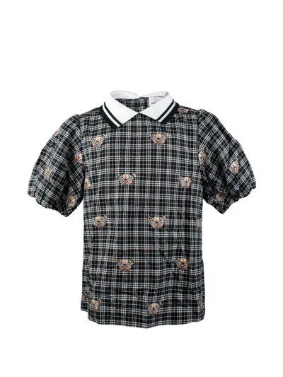 Burberry Kids' Checkered Bear-print Blouse In Black