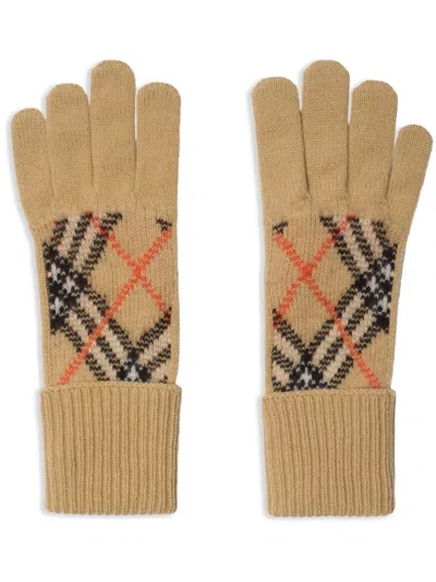 Burberry Check Cashmere Blend Gloves In Sand