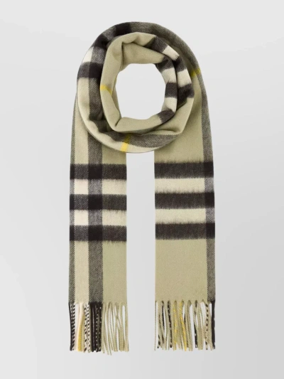 Burberry Checkered Cashmere Scarf With Fringed Edges And Embroidery In Cream