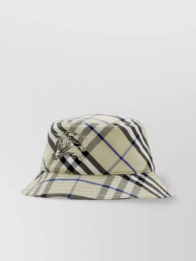 Burberry Checkered Cotton Blend Bucket Hat With Embroidered Detail In Beige