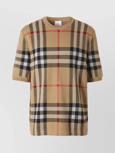 Burberry Checkered Crewneck T-shirt Ribbed Trim In Beige