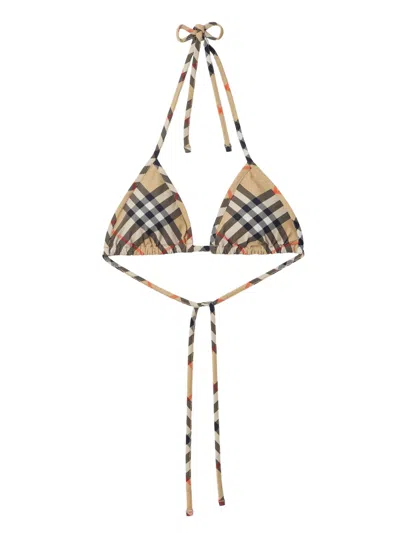 Burberry Checkered Design Stretch Nylon Bikini Top With Removable Padding And Adjustable Laces In Brown