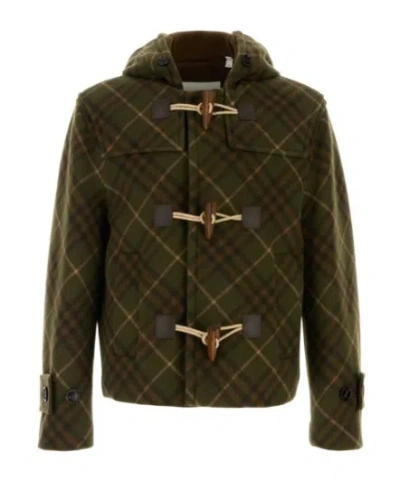 Burberry Dark Green Wool Hooded Check Jacket In Multi